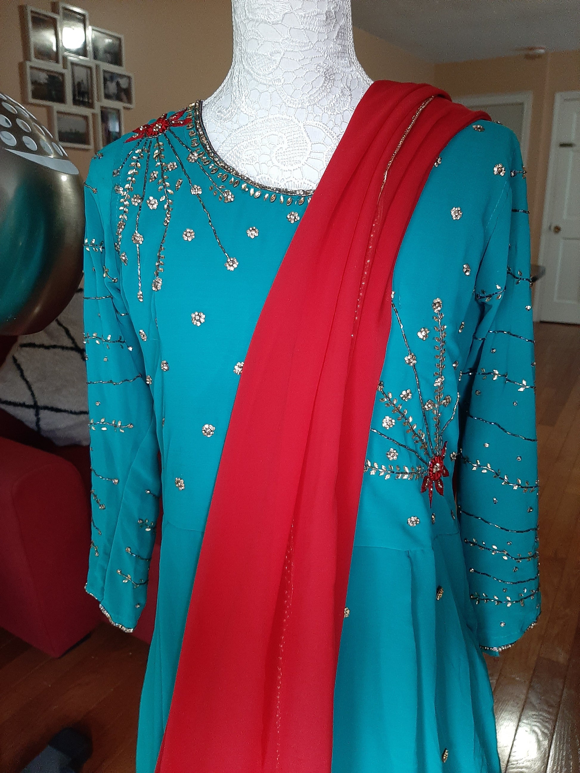 Blue Long Gown With Red Dupatta @ DressingStylesCA.com