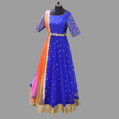 Blue Net Gown with Multi-colored Dupatta @ DressingStylesCA.com