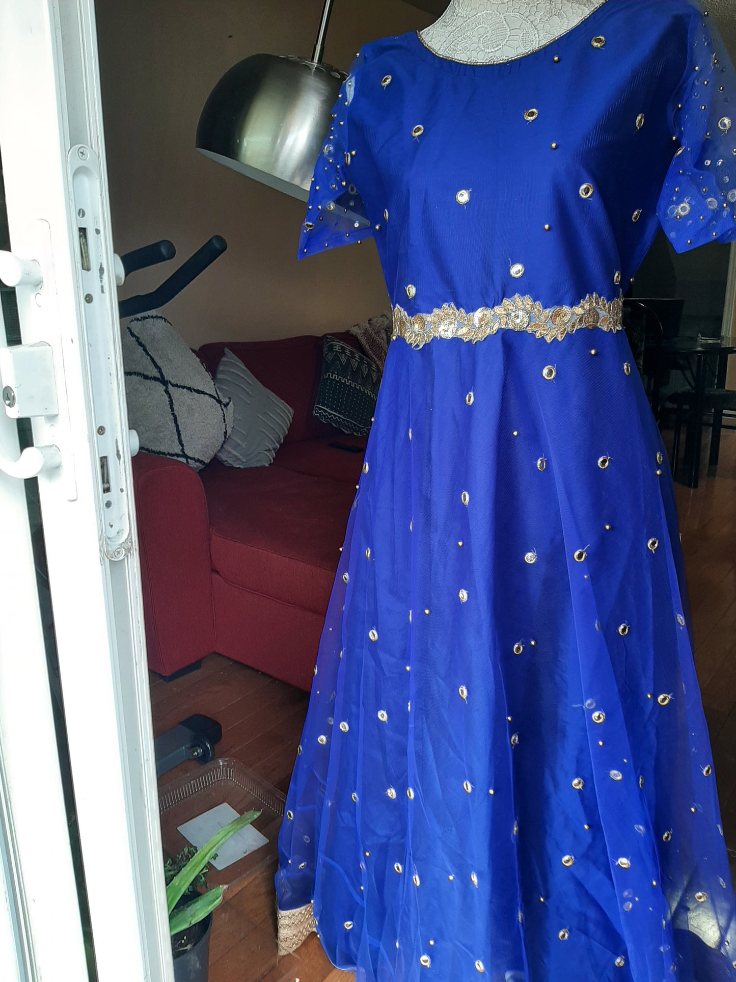 Blue Net Gown with Multi-colored Dupatta @ DressingStylesCA.com