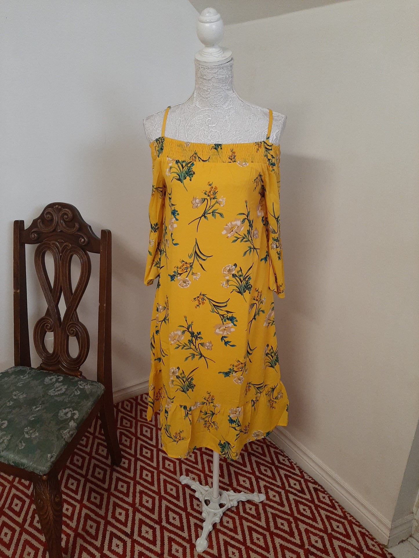 Bright Yellow Floral Off- Shoulder Dress @ DressingStylesCA.com