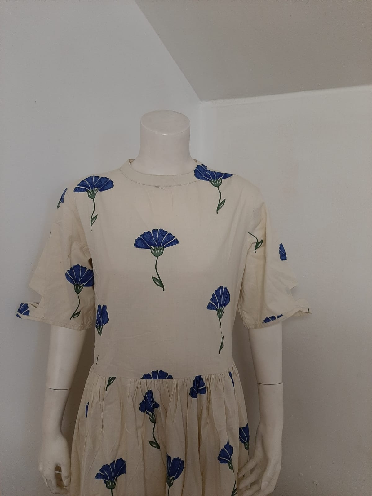 Cream Cotton Kurti with Blue Print motifs @ DressingStylesCA.com