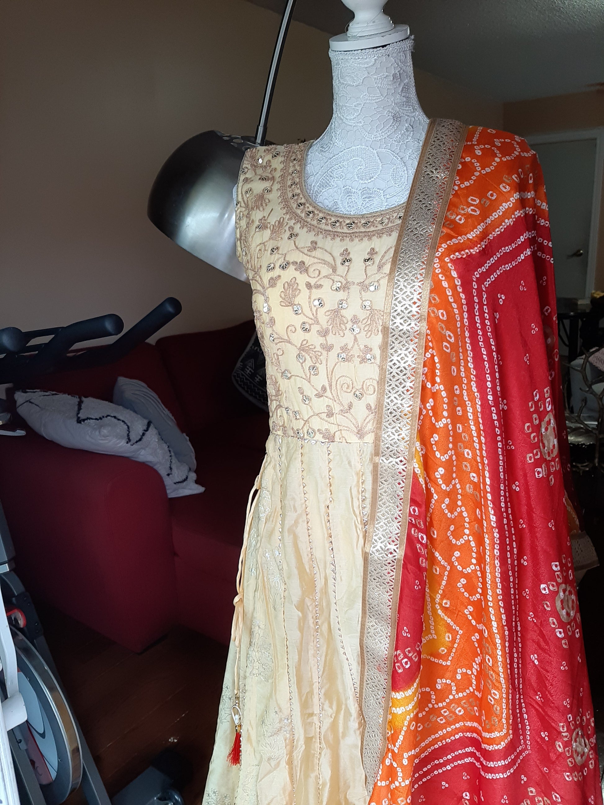 Cream Long Gown with Bandini Dupatta @ DressingStylesCA.com