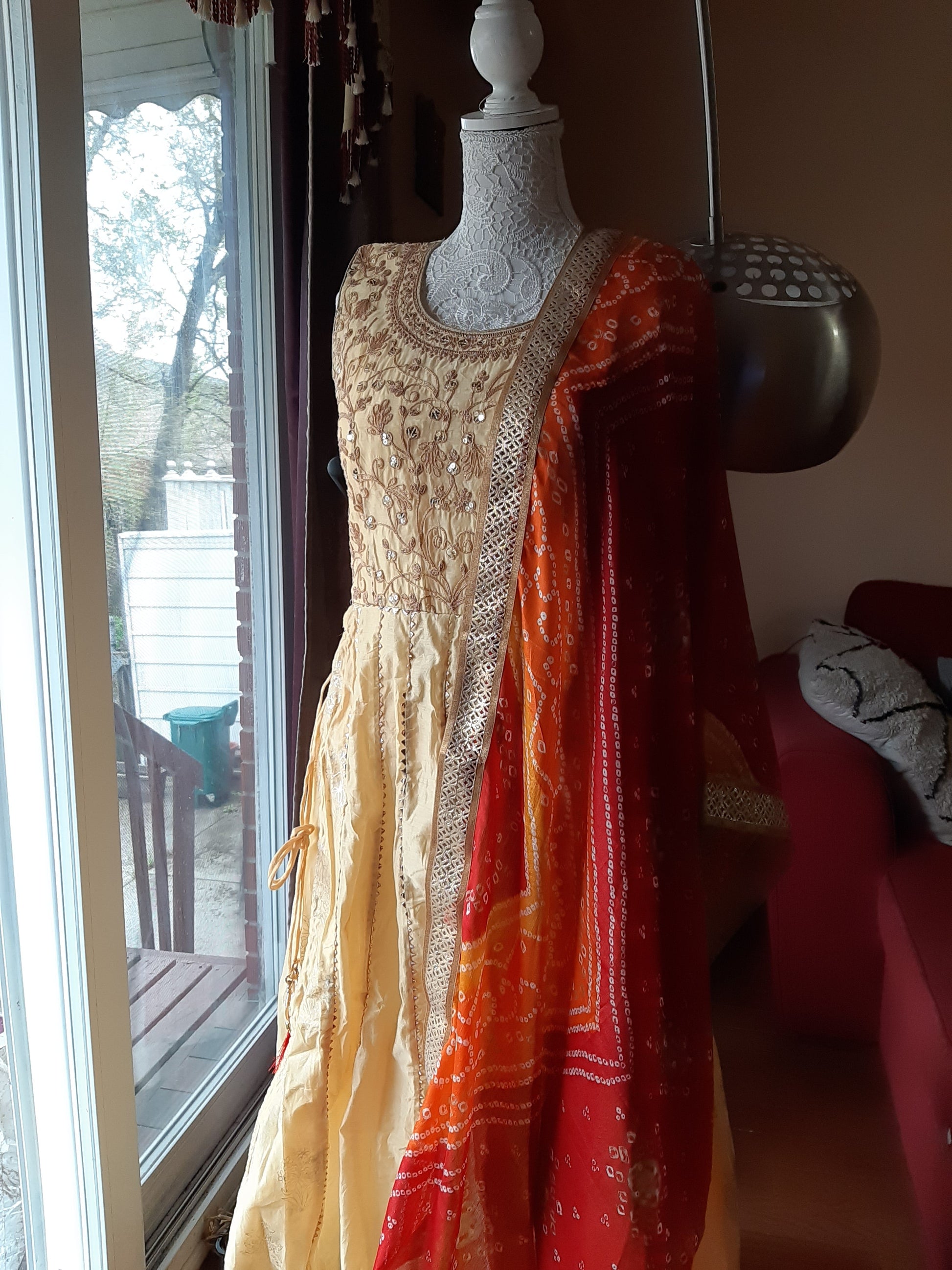 Cream Long Gown with Bandini Dupatta @ DressingStylesCA.com