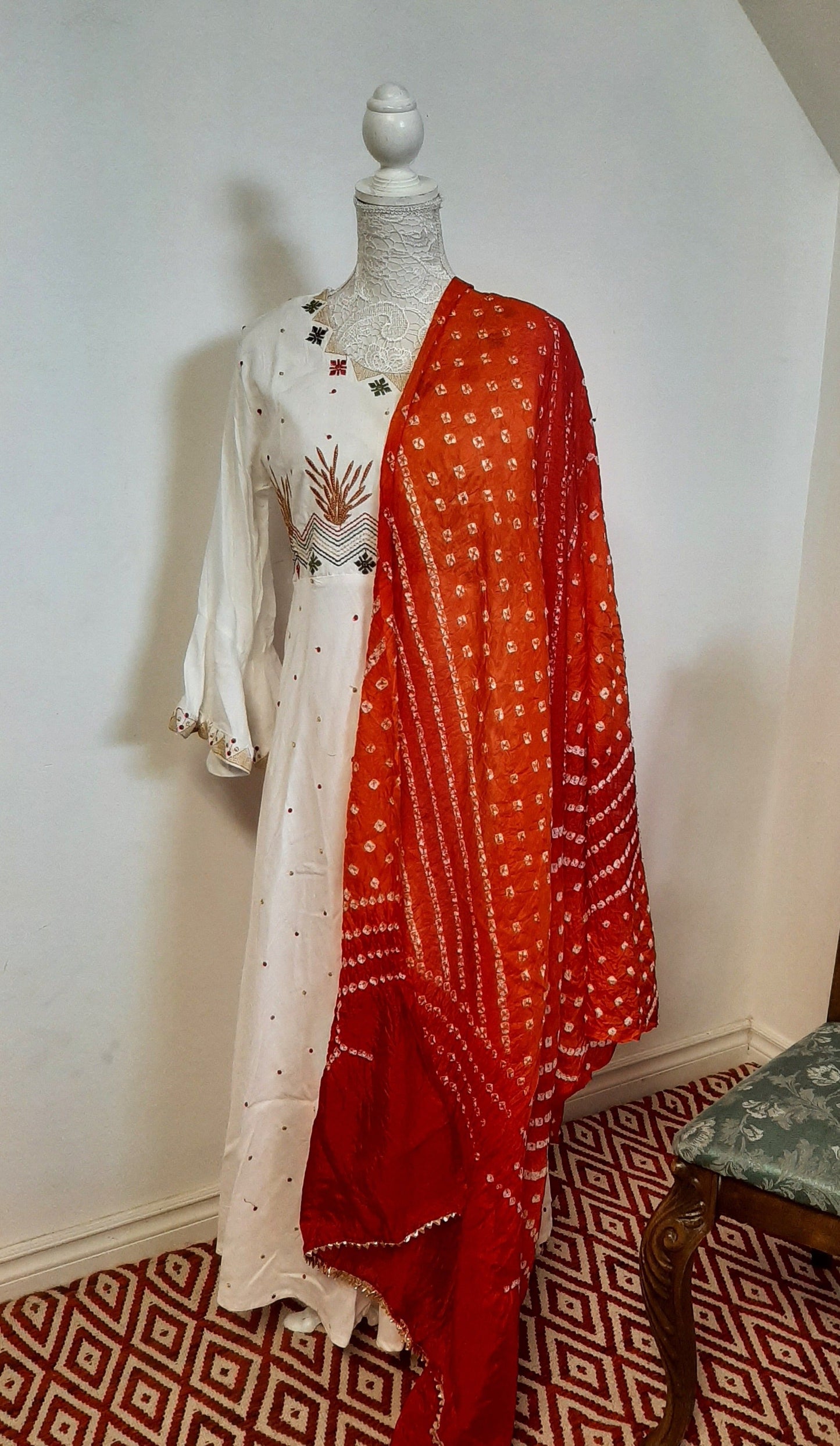 Cream Long Gown with Red Dupatta @ DressingStylesCA.com