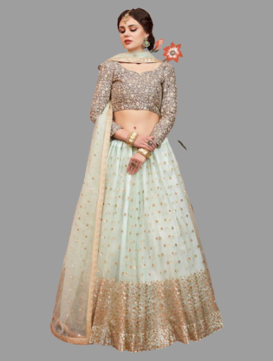Designer Green Net Sequins Work And Thread Work Wedding Lehenga Choli @ DressingStylesCA.com
