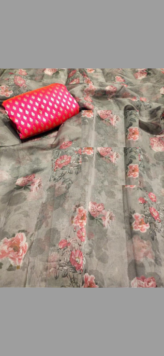 Floral design Organza saree with Brocade blouse material @ DressingStylesCA.com