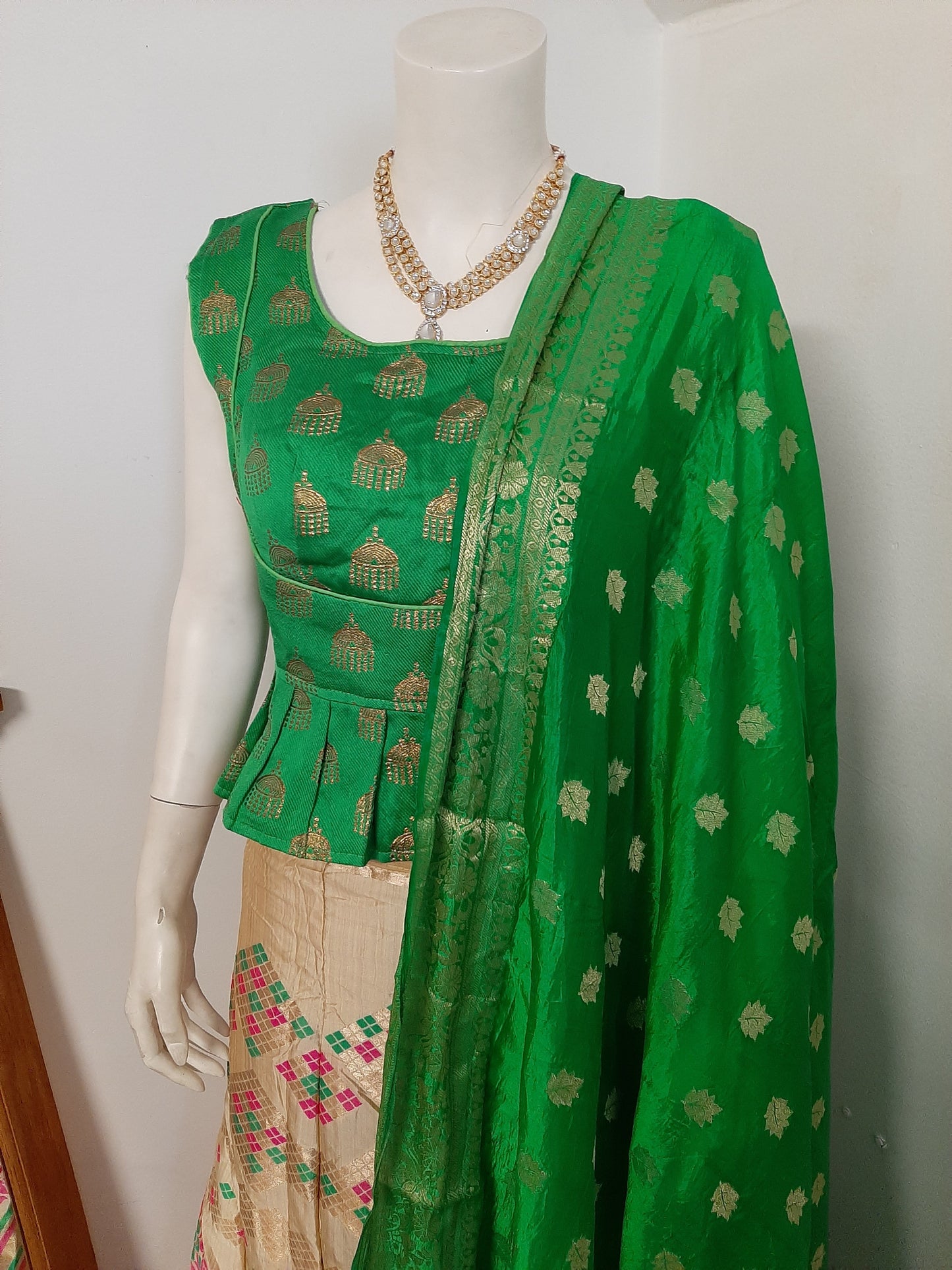 Golden Colored Lehenga with Green Dupatta @ DressingStylesCA.com