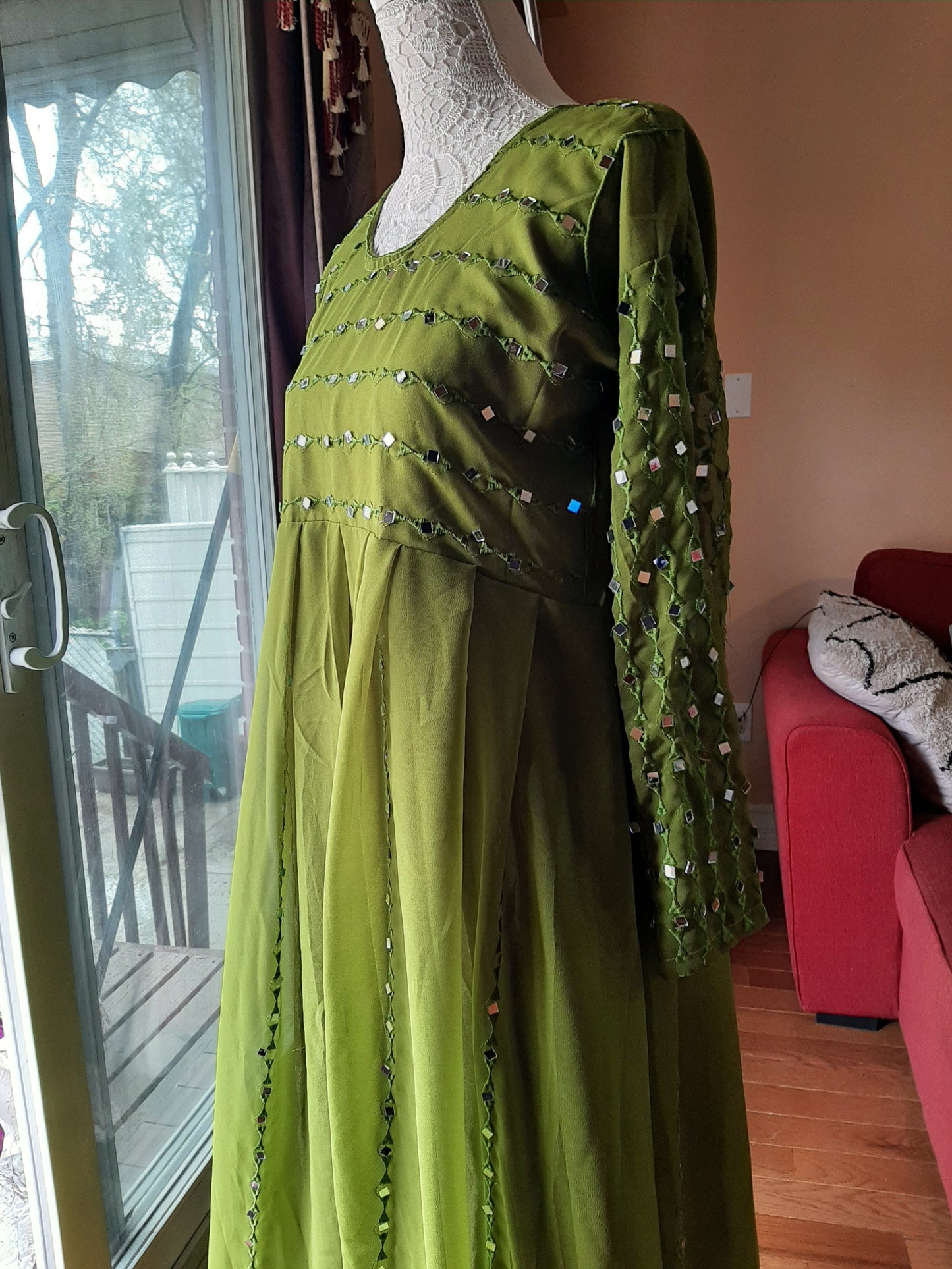 Green Long Gown with Mirror Work @ DressingStylesCA.com