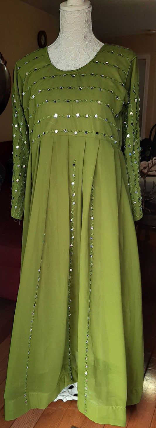 Green Long Gown with Mirror Work @ DressingStylesCA.com