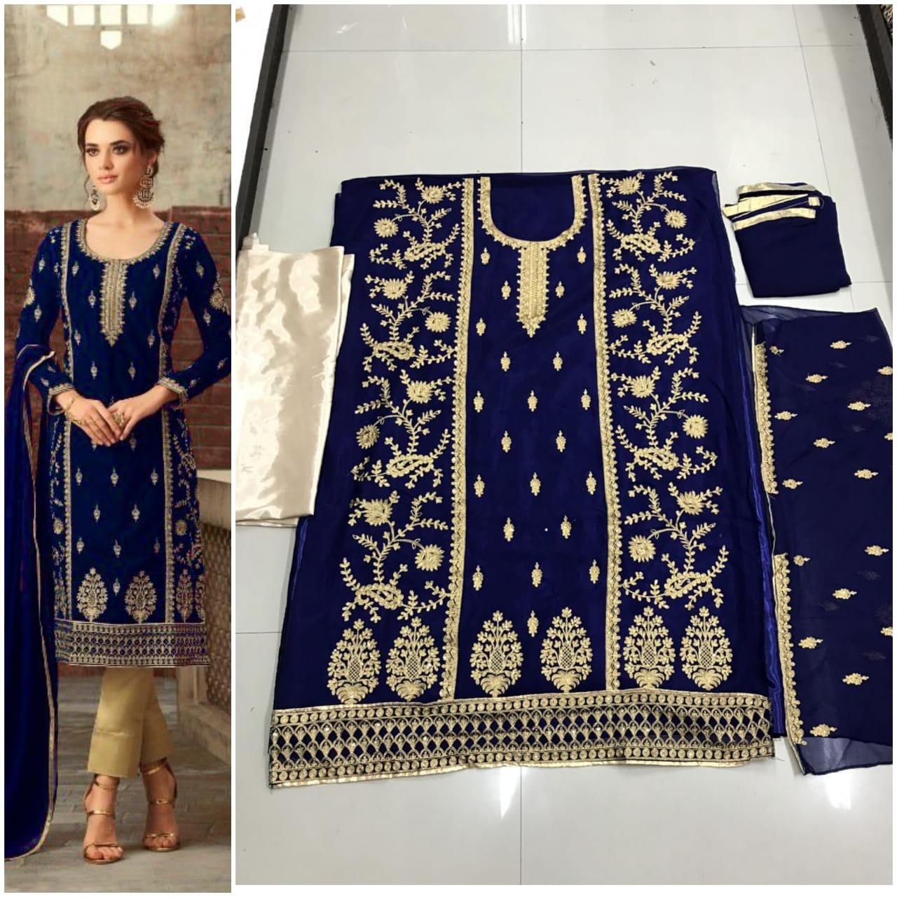 Heavy Georgette Navy Blue Embroidered with Chudidar Pants @ DressingStylesCA.com