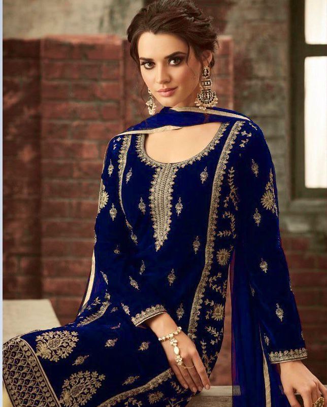 Heavy Georgette Navy Blue Embroidered with Chudidar Pants @ DressingStylesCA.com