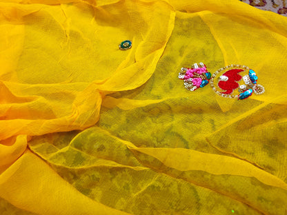 Mango Yellow Pure Chiffon Saree with Elephant design (Handwork) @ DressingStylesCA.com