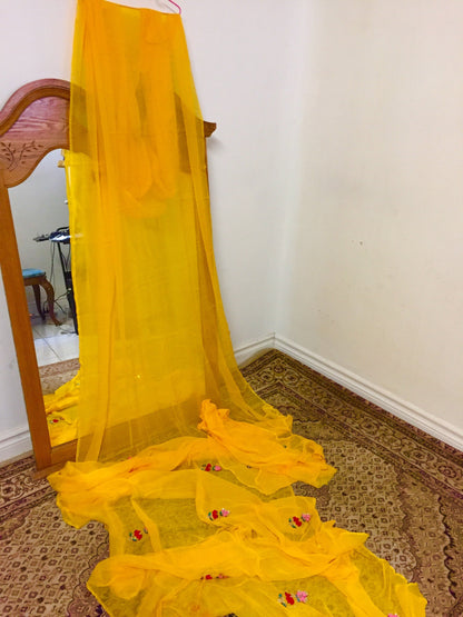 Mango Yellow Pure Chiffon Saree with Elephant design (Handwork) @ DressingStylesCA.com