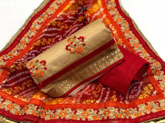 Modal Chanderi Semi-Stitched - Gold & Red @ DressingStylesCA.com