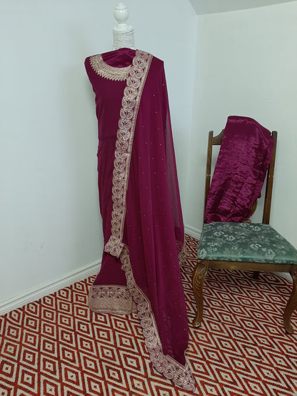 Mulberry Purple Georgette Gown with Embroidery and Stone work @ DressingStylesCA.com