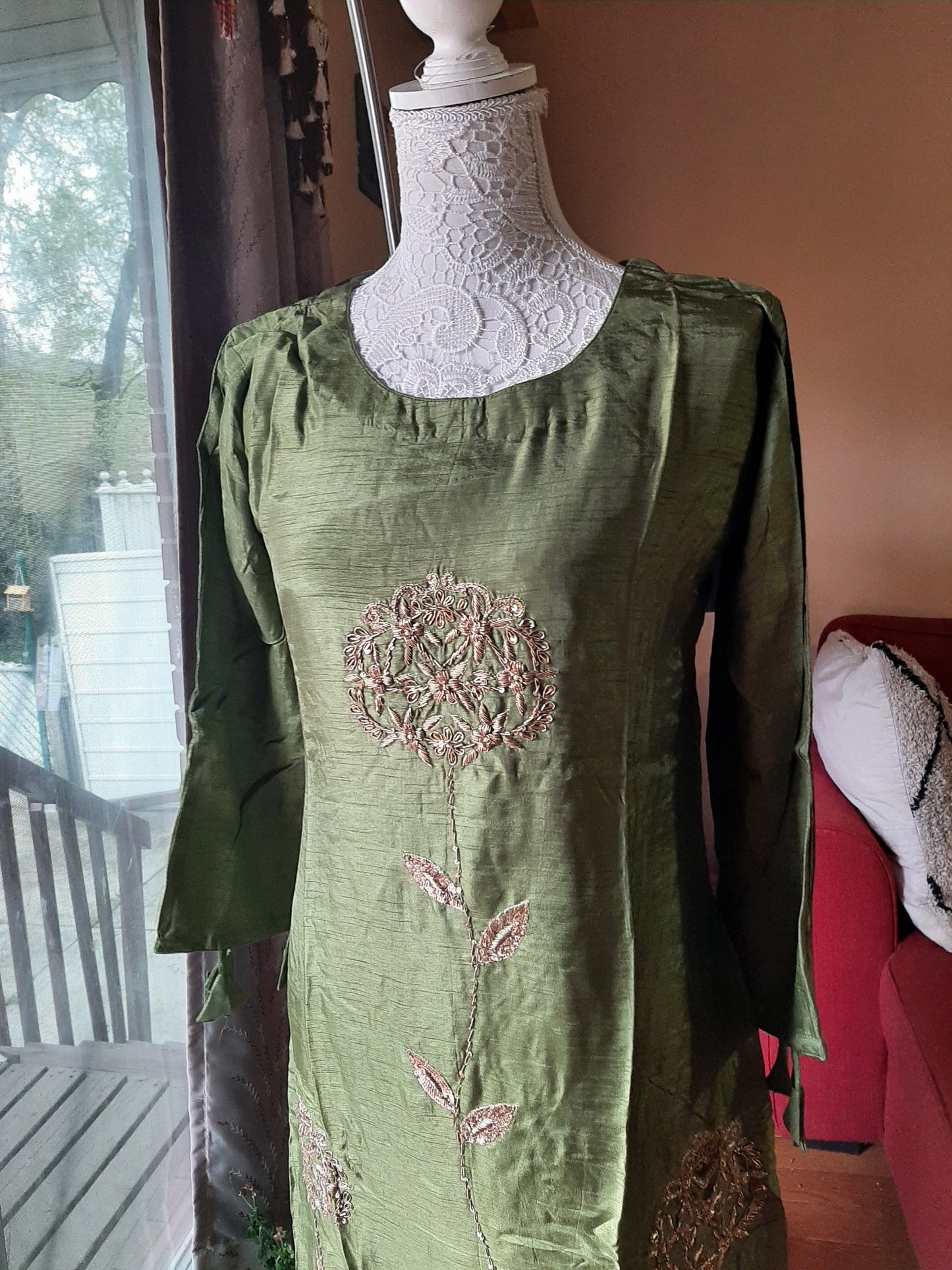 Olive Green & Brick Red Dola Silk Gown @ DressingStylesCA.com