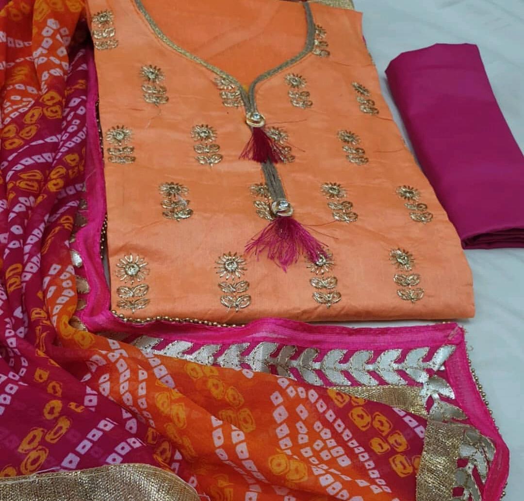 Orange Modal Chanderi with Bandhej print dupatta @ DressingStylesCA.com