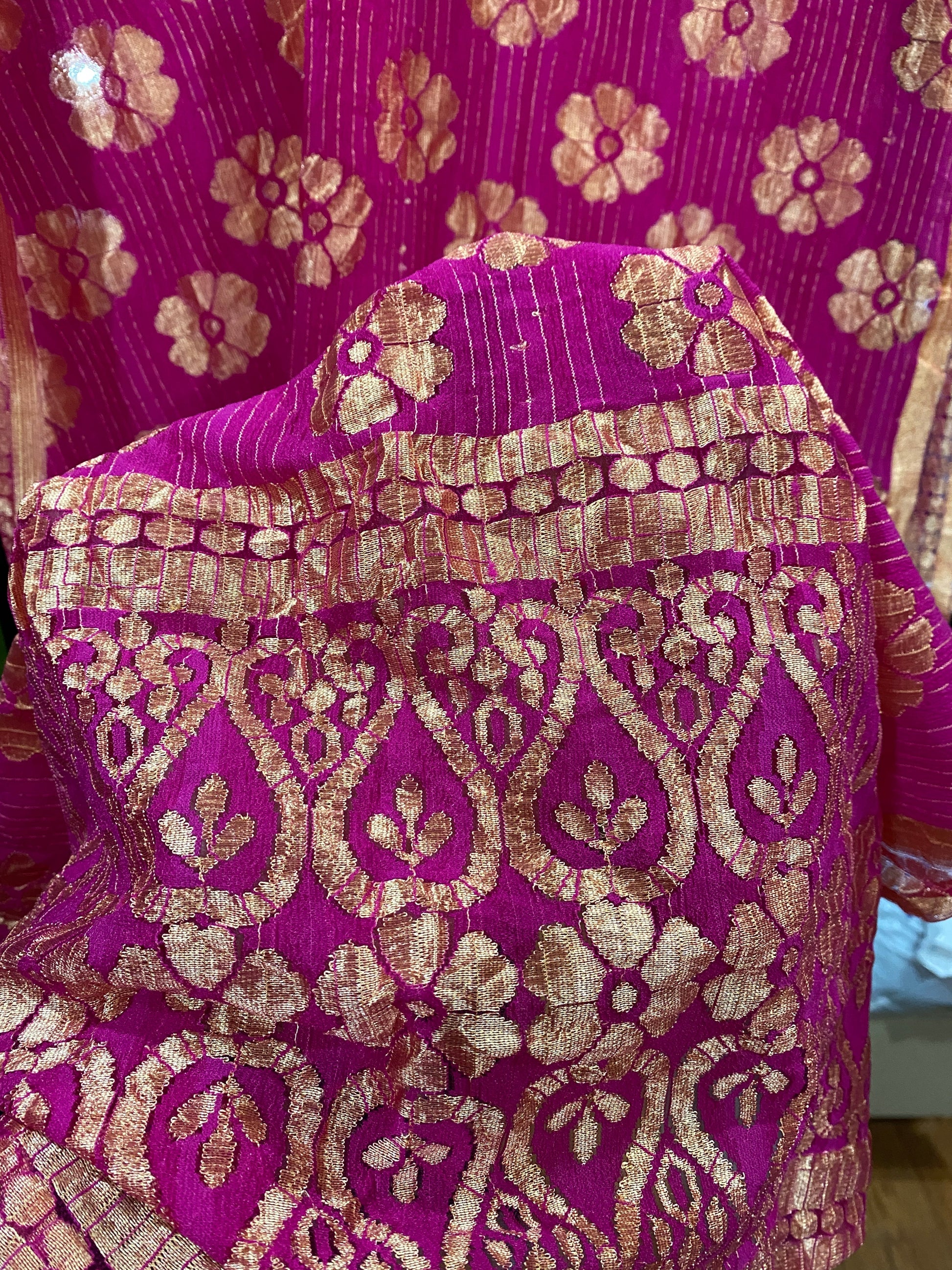 Pink with Gold Border Dupatta - Fancy material @ DressingStylesCA.com