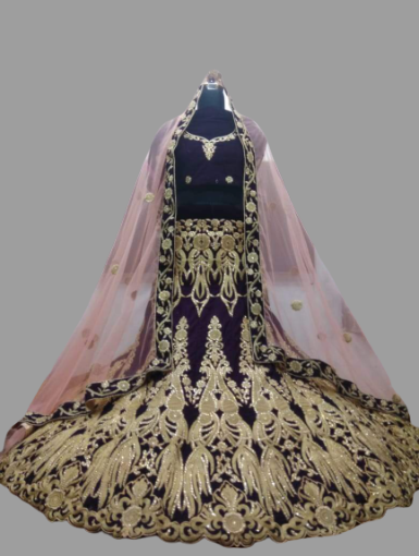 Purple Bridal Heavy Embroidery Lehenga Choli in heavy 9000 Velvet @ DressingStylesCA.com