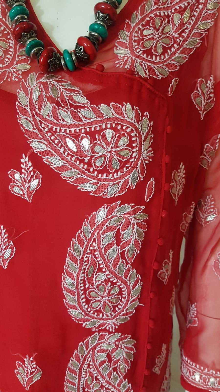 Red Angarkha Chikankari Kurti & Red Palazzo @ DressingStylesCA.com