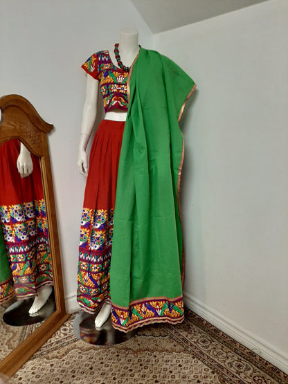 Red Chaniya Choli and Gamthi work Green Dupatta @ DressingStylesCA.com