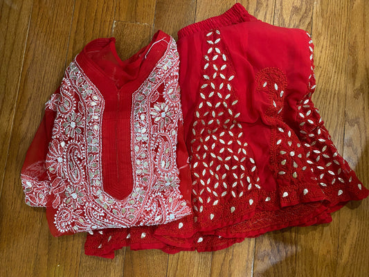 Red Chikankari Kurti & Red Palazzo @ DressingStylesCA.com