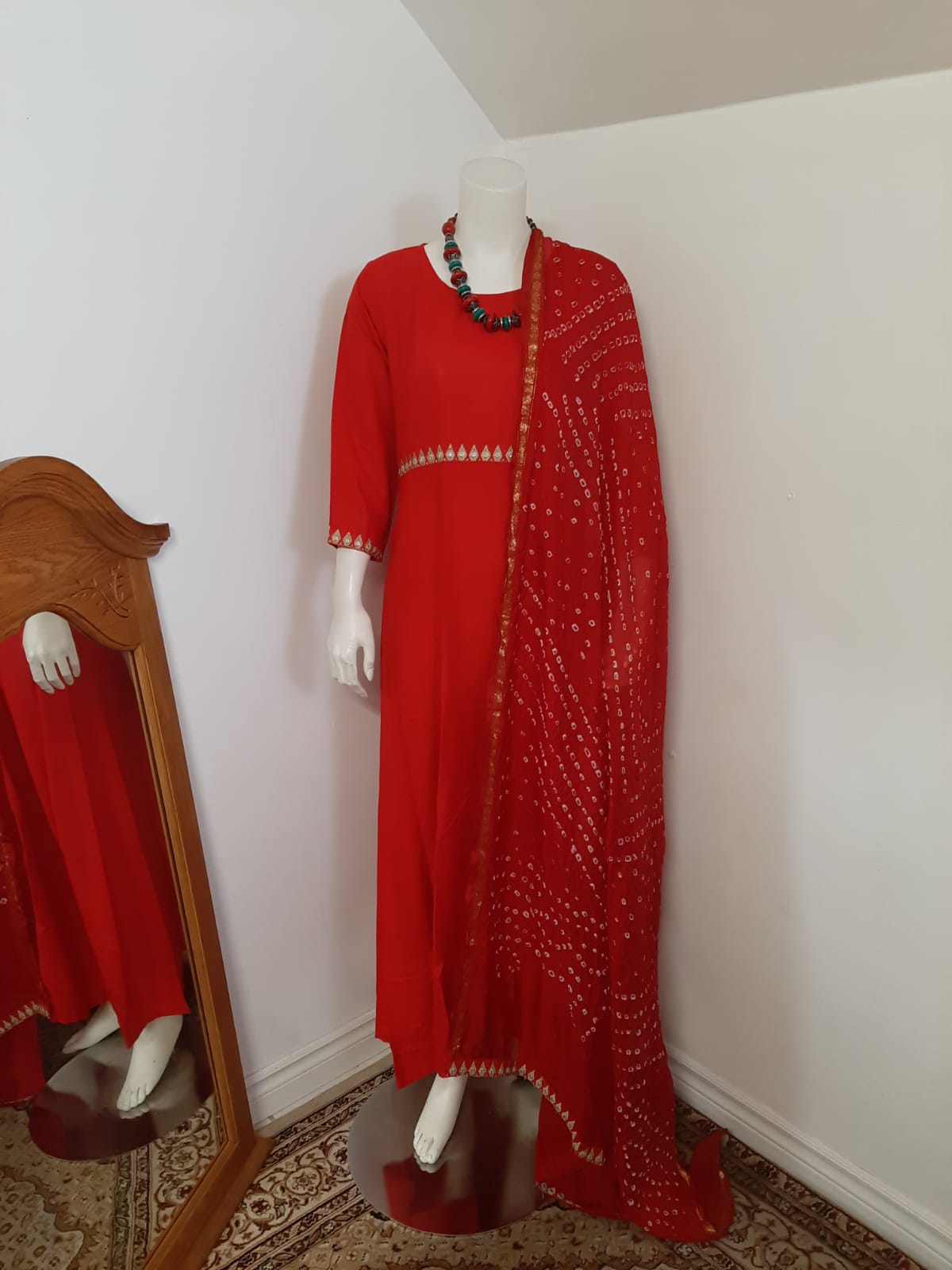 Red  Cotton Long Gown with Dupatta - Foil print @ DressingStylesCA.com
