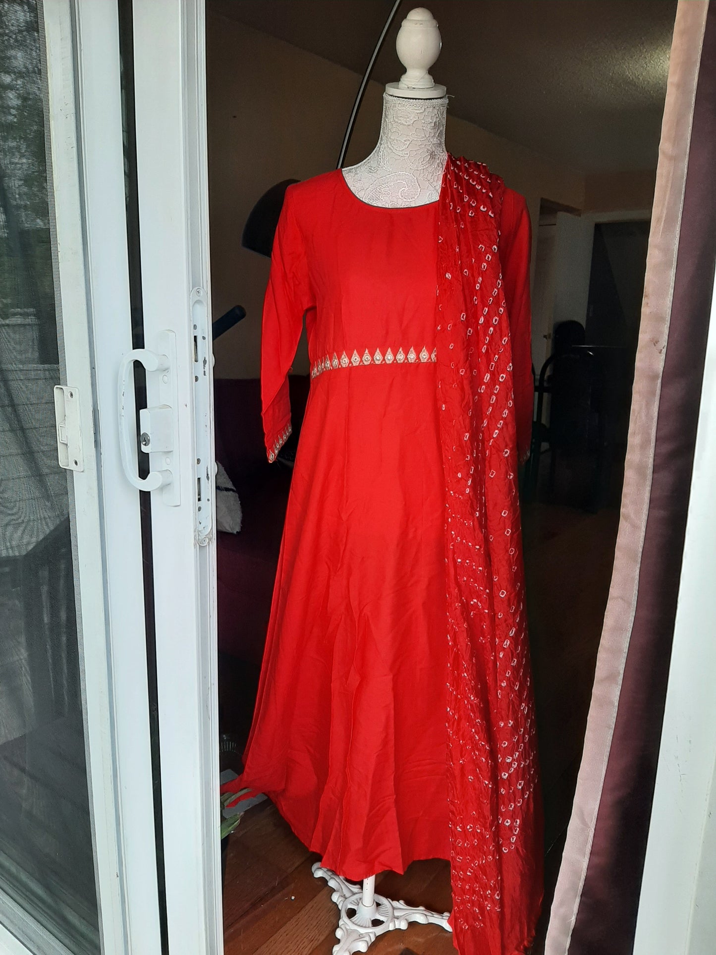 Red  Cotton Long Gown with Dupatta - Foil print @ DressingStylesCA.com