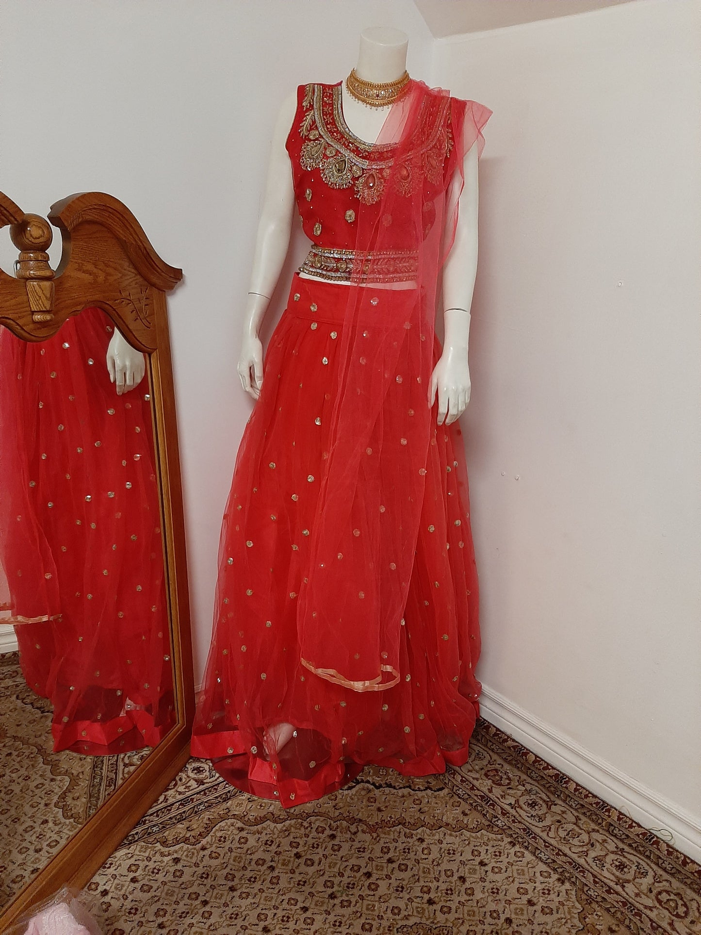 Red Lehenga with Red Blouse and Golden Dupatta @ DressingStylesCA.com