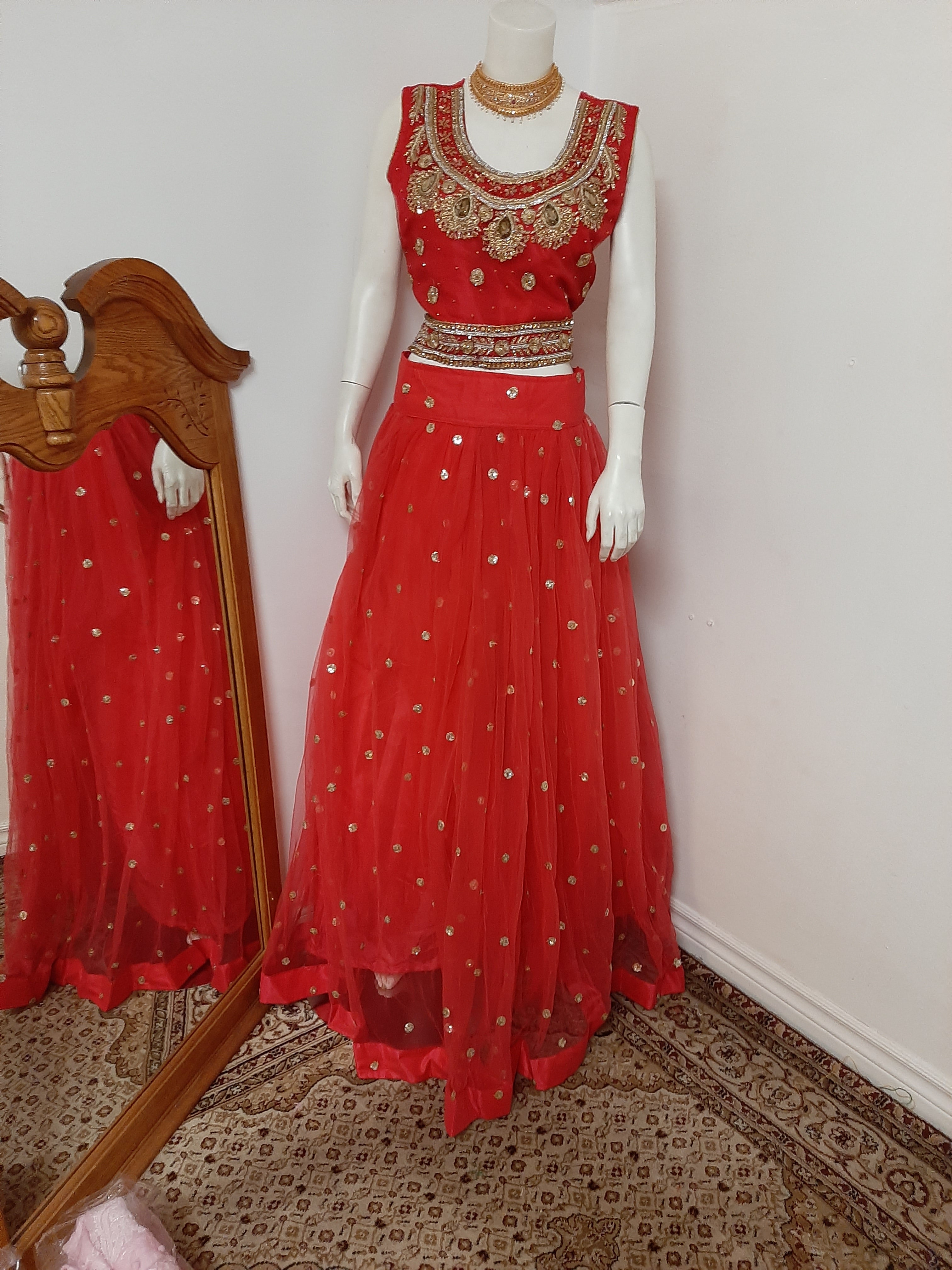 Gold Color Banarasi Lehenga with Red Blouse - Clothsvilla.co