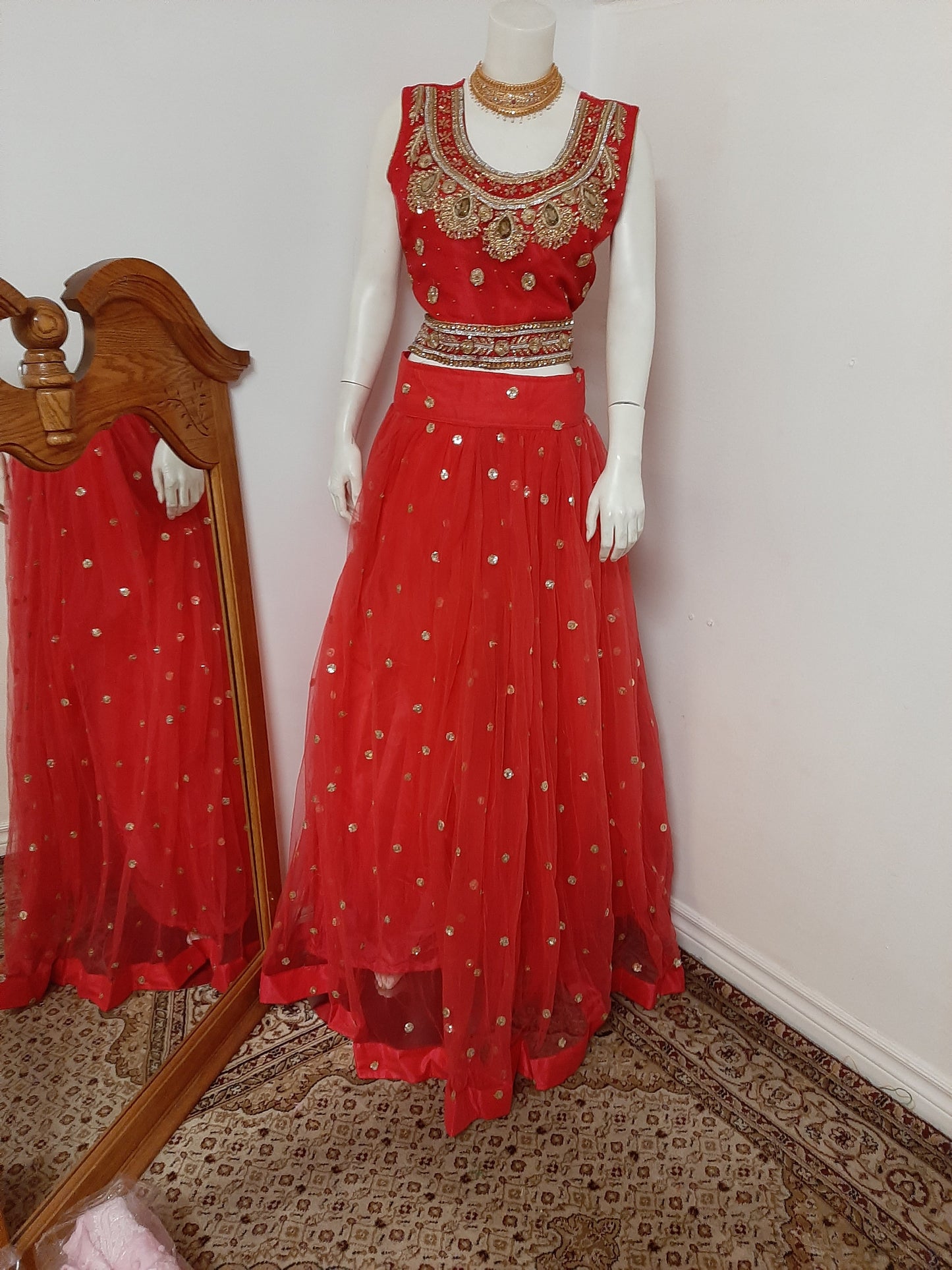 Red Lehenga with Red Blouse and Golden Dupatta @ DressingStylesCA.com