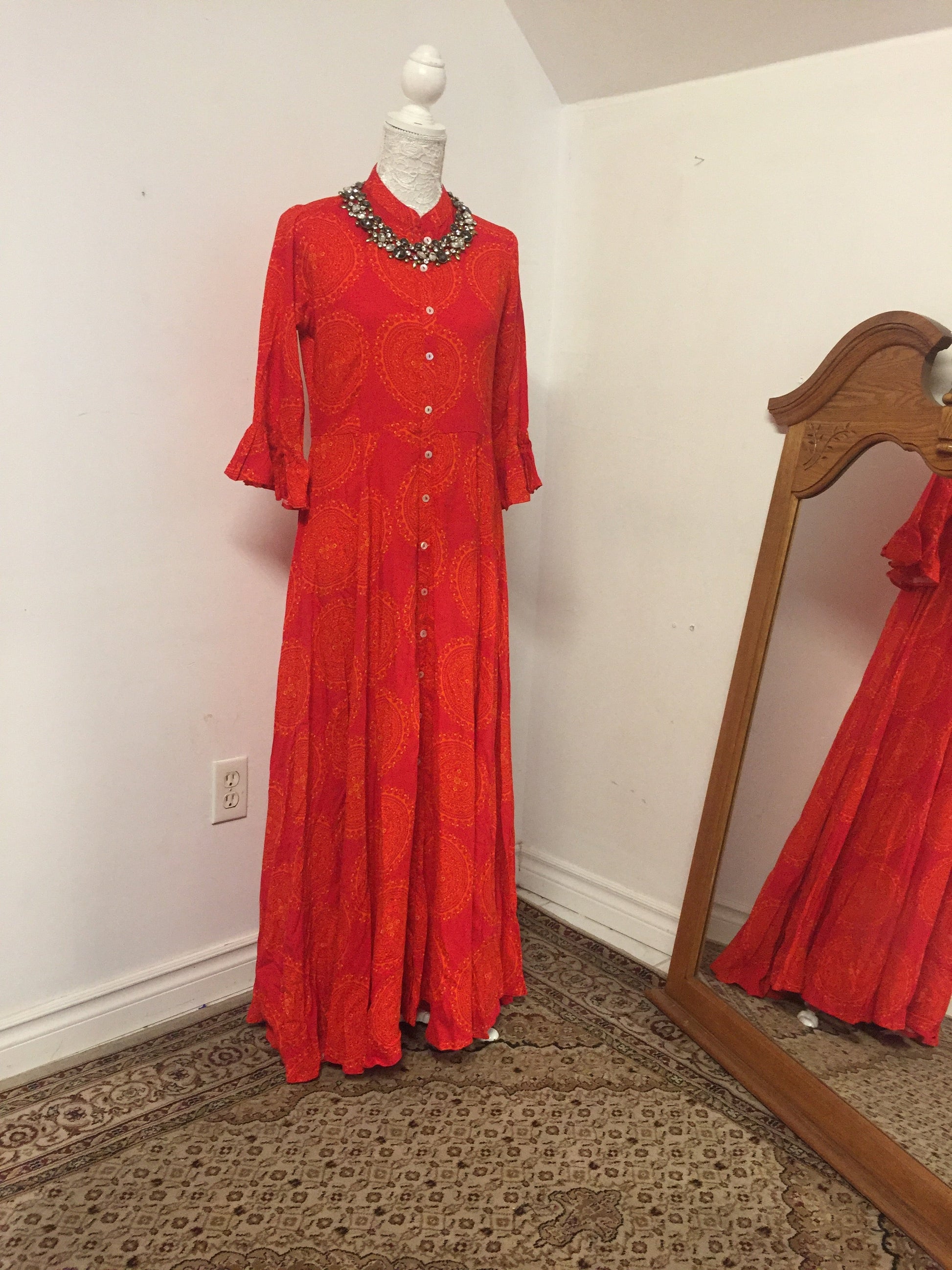 Red Rayon flowered Long Gown @ DressingStylesCA.com