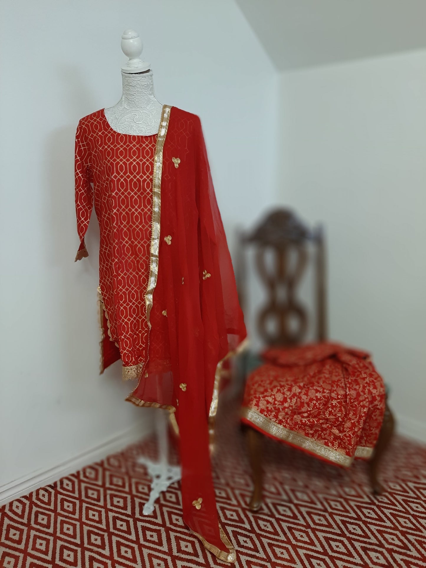 Red Short Kurti & Gharara with Dupatta Suit @ DressingStylesCA.com