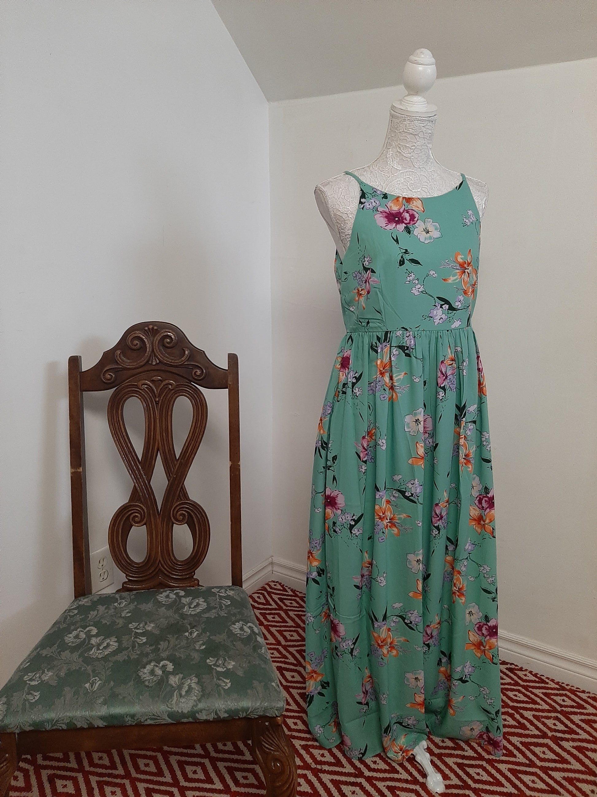 Turquoise Green Floral Strappy Maxi Dress DressingStylesCA.com