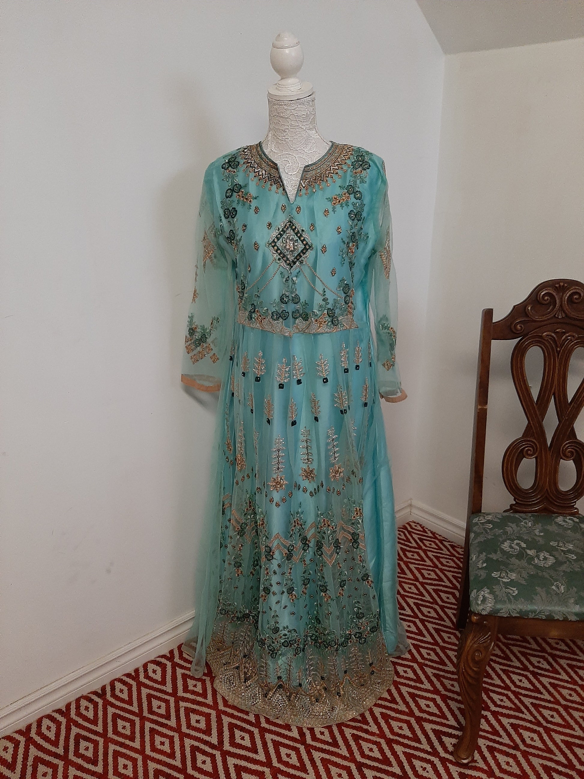 Turquoise Green Long Gown DressingStylesCA.com