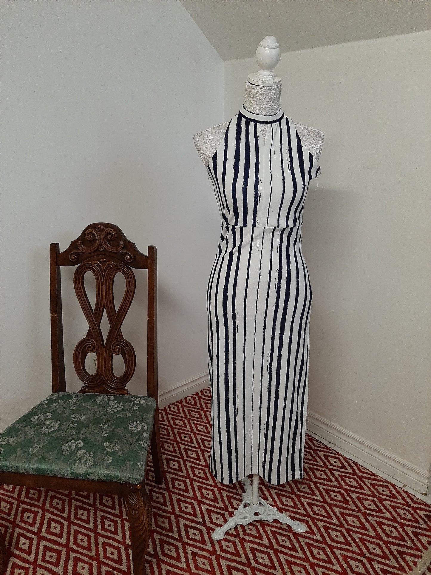 White Abstract Stripes Midi Dress @ DressingStylesCA.com