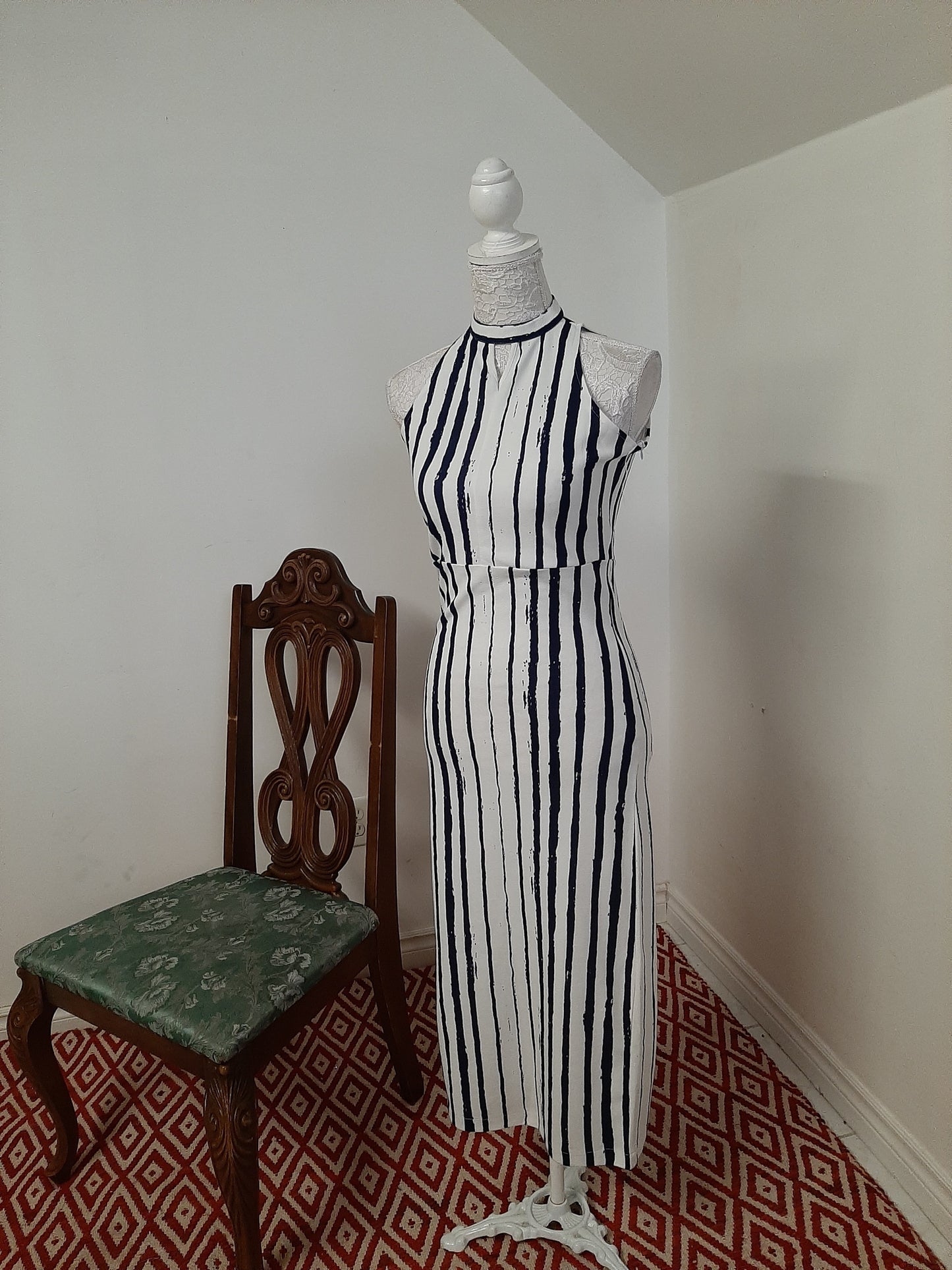 White Abstract Stripes Midi Dress @ DressingStylesCA.com