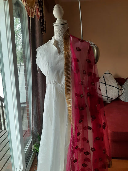 White Long Gown with Pink Dupatta @ DressingStylesCA.com