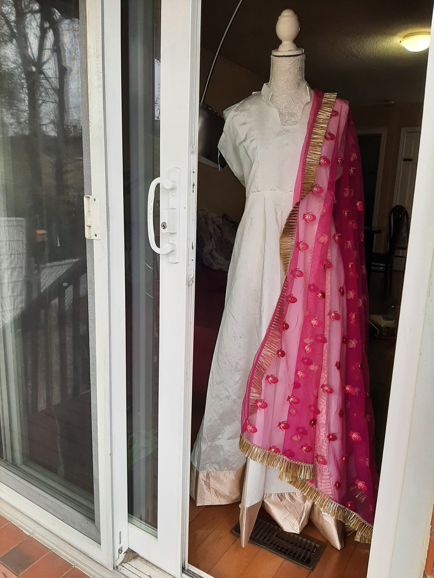 White Long Gown with Pink Dupatta @ DressingStylesCA.com
