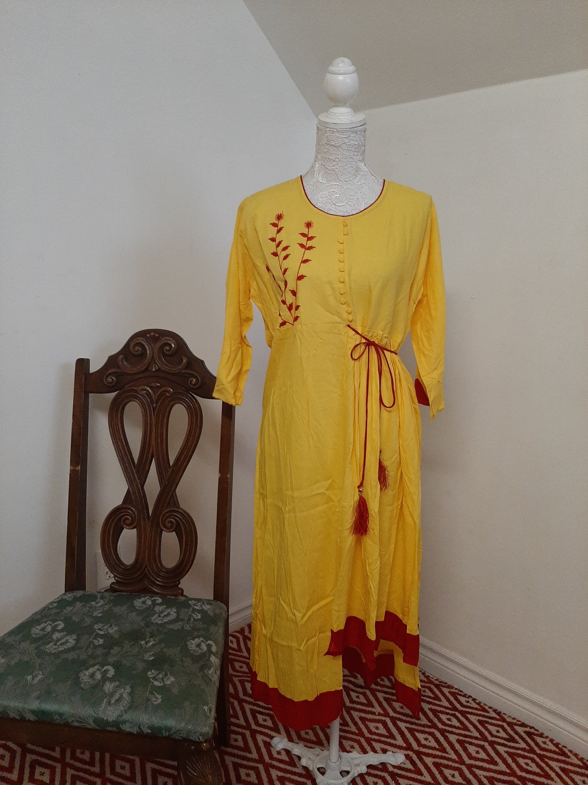 Yellow Cotton Kurti with Red Border @ DressingStylesCA.com