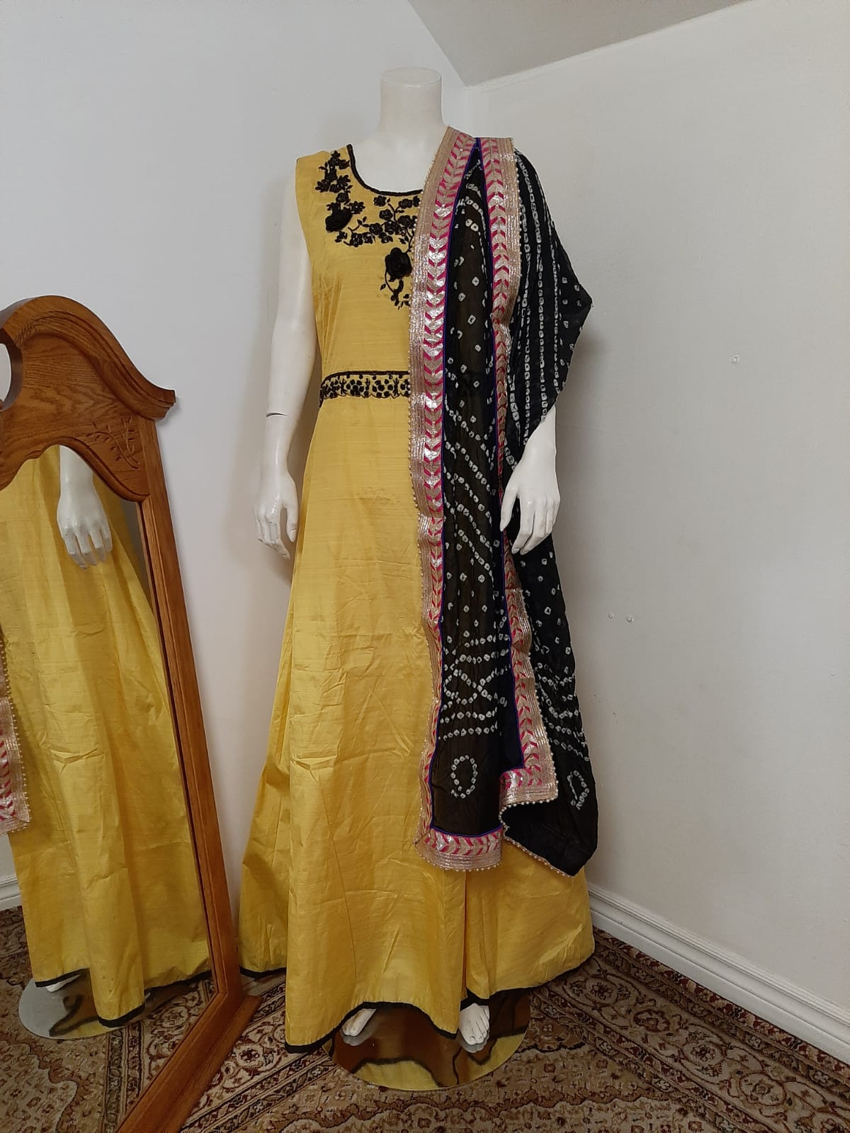 Yellow Long Gown with Black Embroidery @ DressingStylesCA.com