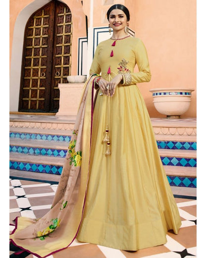Yellow Long Gown with Design Dupatta @ DressingStylesCA.com
