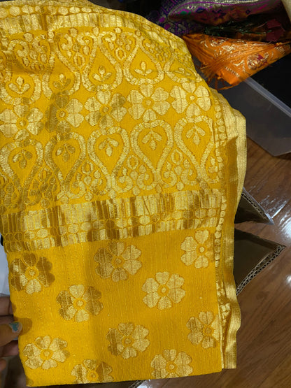 Yellow with Golden Border Dupatta - Fancy material @ DressingStylesCA.com